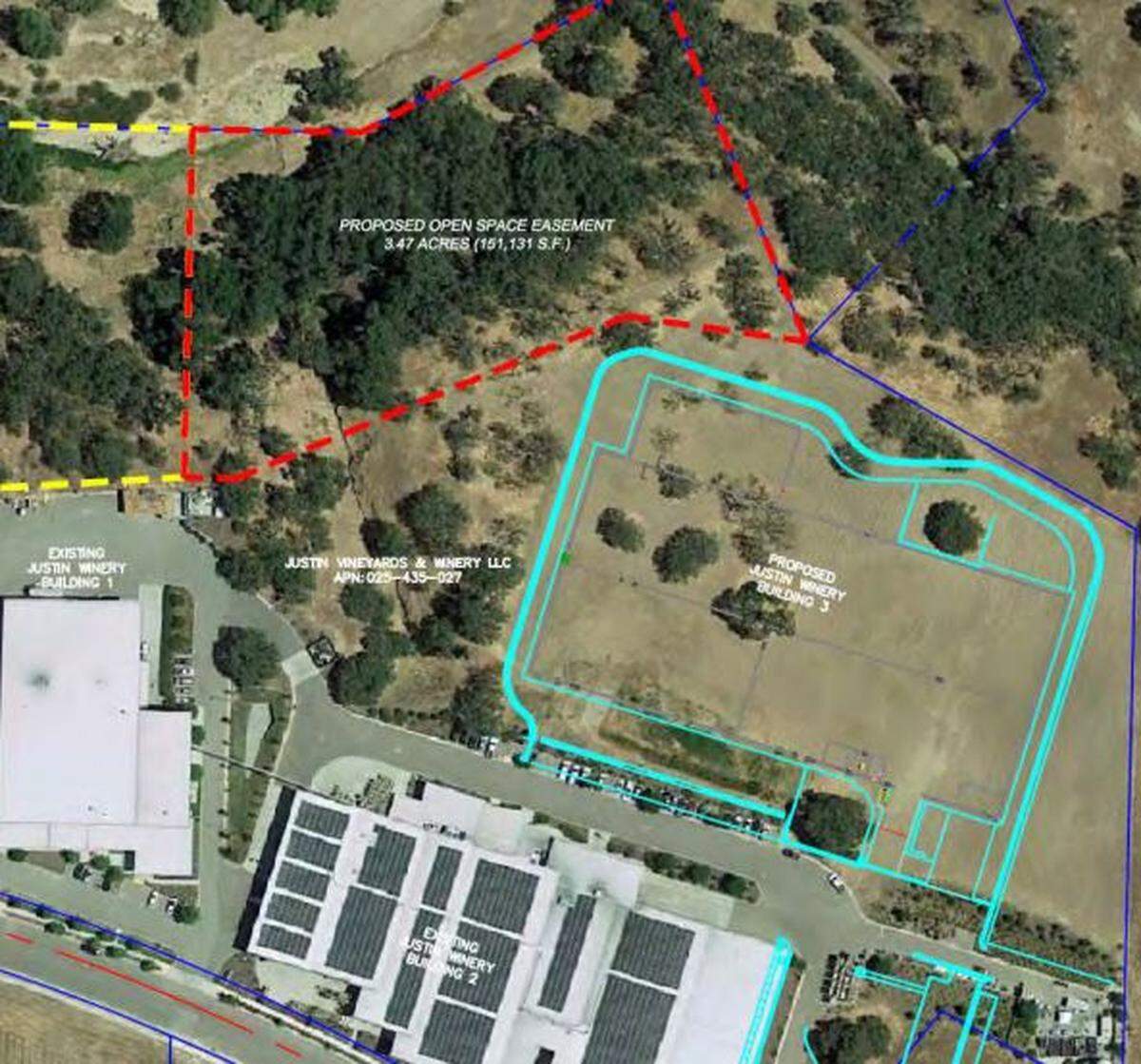 An aerial photo showing the location of a new storage building to be constructed on Justin Vineyards and Winery’s Wisteria Lane property in Paso Robles. The photo also shows the location of 3.4 acres of oak woodland the company plans to preserve through an easement.