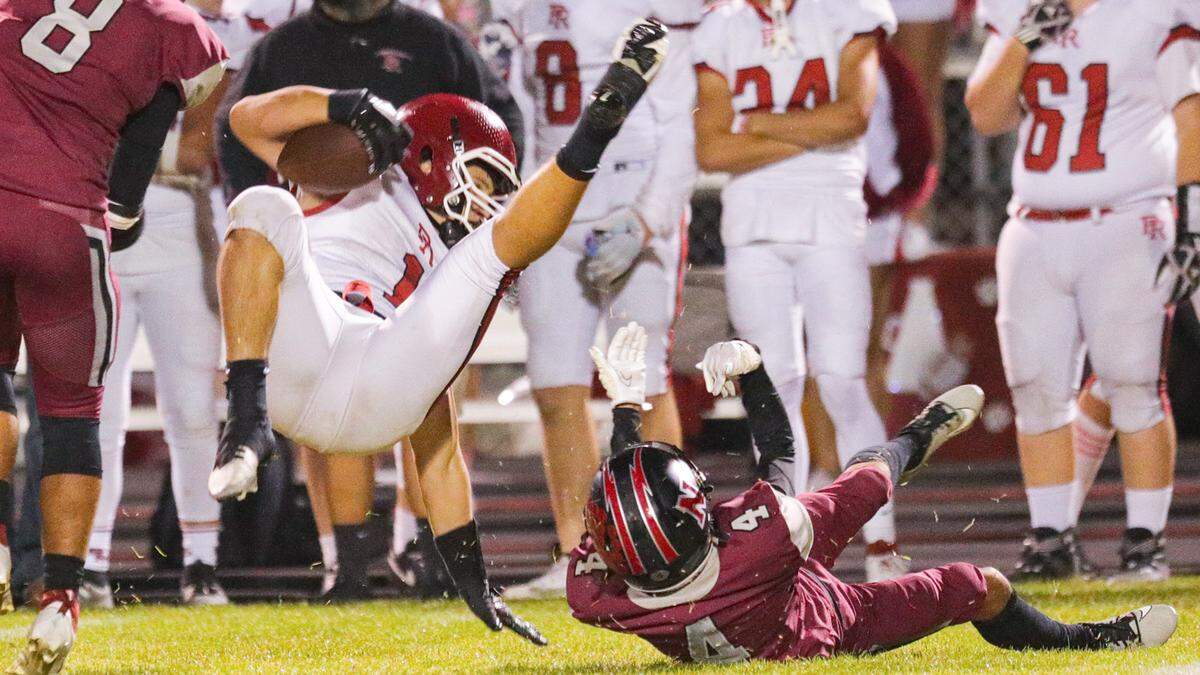 Conner Bowman is upended by Korbin Mendez. Nipomo won 34-21 over Paso Robles High School Oct. 20, 2023 with one more game left in the football schedule before the playoffs.