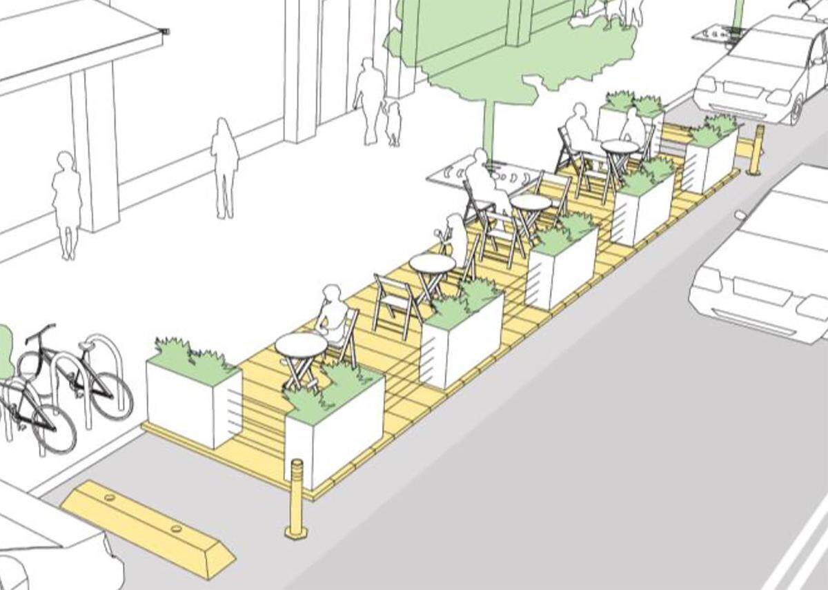 A rendering of a parklet shows what a possible new venue in downtown San Luis Obispo might look like. The city is moving forward with four to five locations for pilot installations.