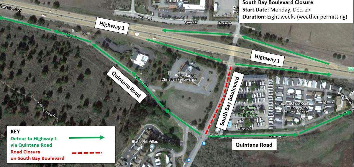 This rendering shows the section of South Bay Boulevard in Morro Bay that will be shut down for an estimated two months starting Dec. 27.