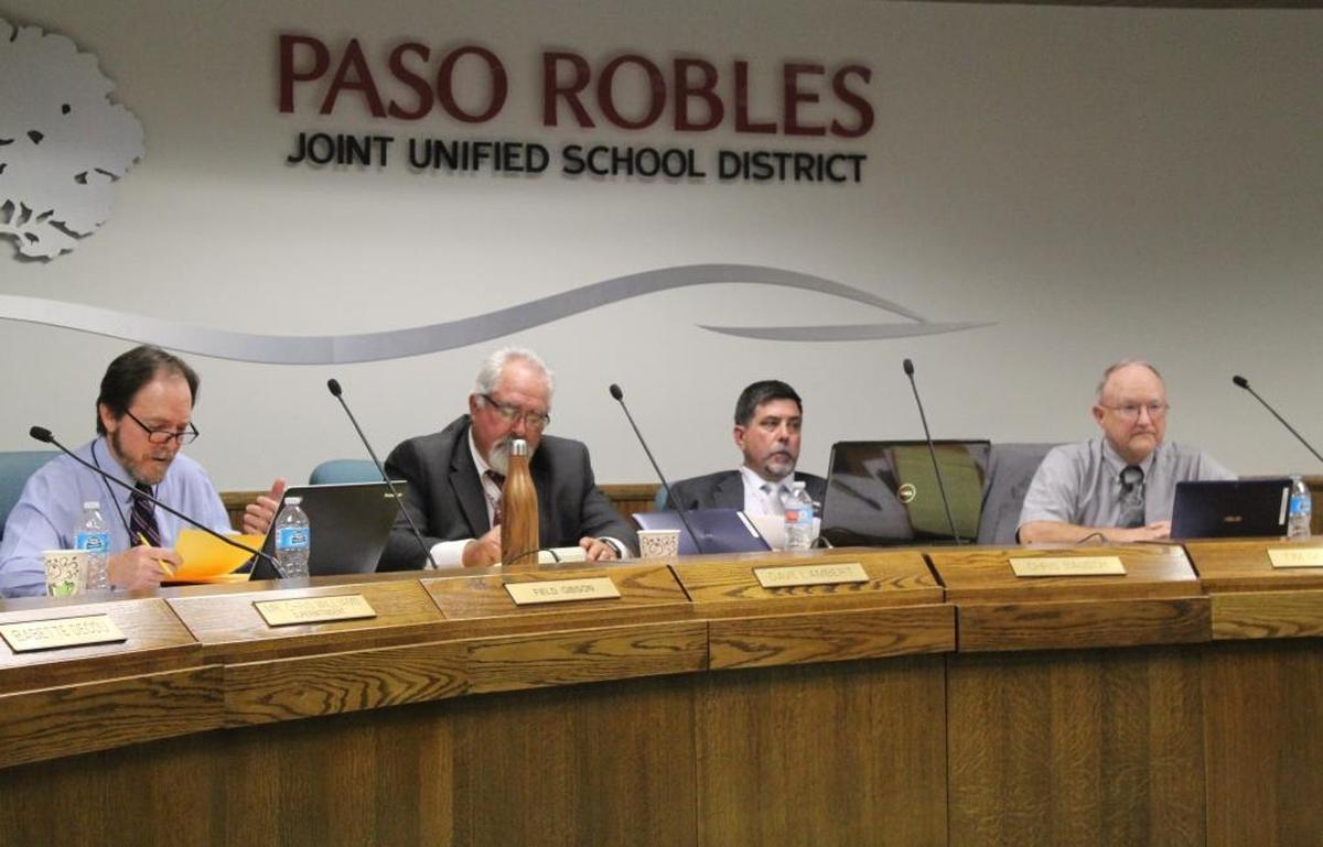 From left, board President Field Gibson and trustees Dave Lambert, Chris Bausch and Tim Gearhart listen during Tuesday night’s Paso Robles Joint Unified School District Board of Trustees meeting in March 2017.