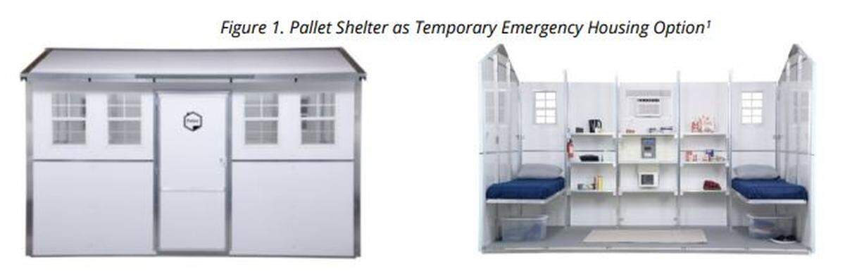 Renderings show the interior and exterior of a pallet home shelter for unhoused residents. Grover Beach will be home to 20 such pallet homes, the first homeless shelter of its kind in San Luis Obispo County.
