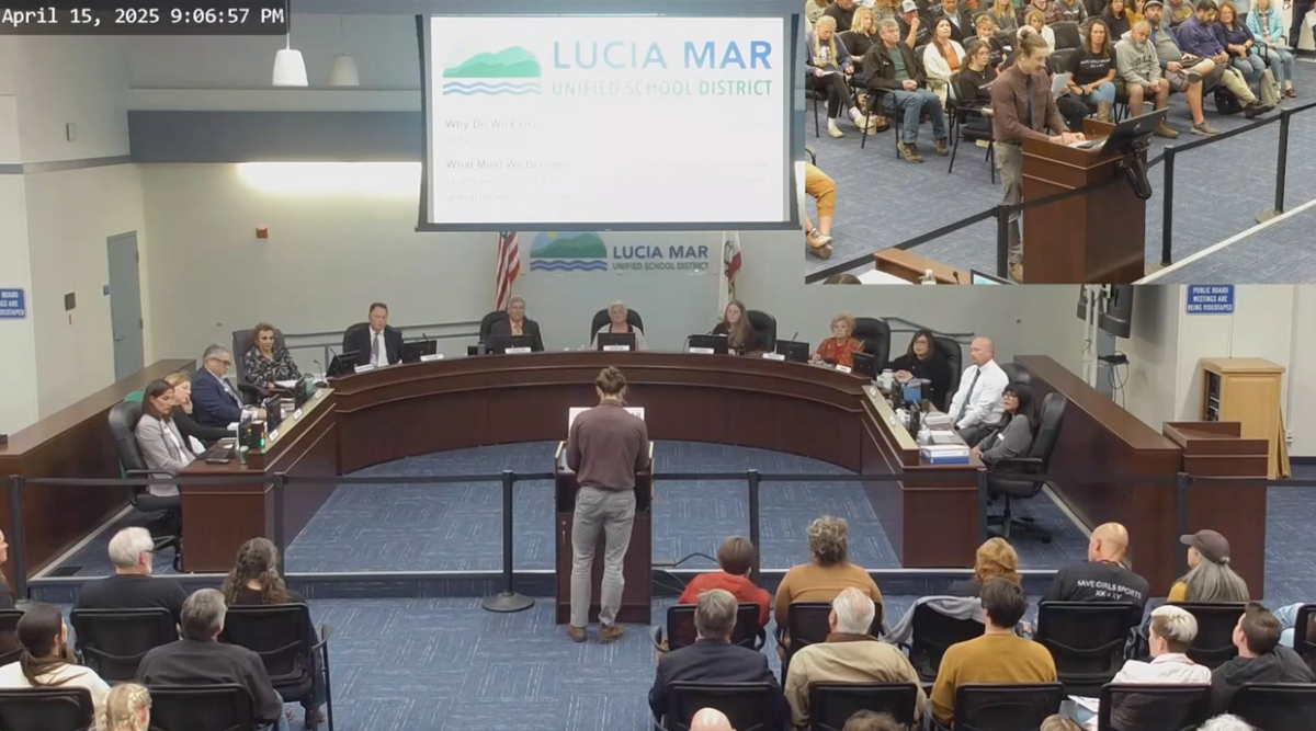 A commenter speaks in support of transgender students, at the Lucia Mar school board meeting on April 15, 2025.