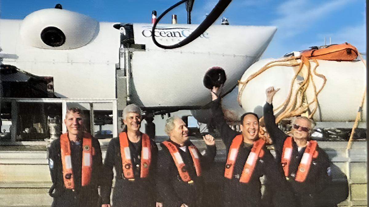 Titan crew members celebrate their successful mission to the Titanic wreckage on July 23, 2021. From left are Matt Storch, Stockton Rush, Cayucos resident Bill Price, Jaden Pan and Paul-Henri “P.H.” Nargeolet. Rush and Nargeolet were among the five men who died when the Titan imploded on its final dive.