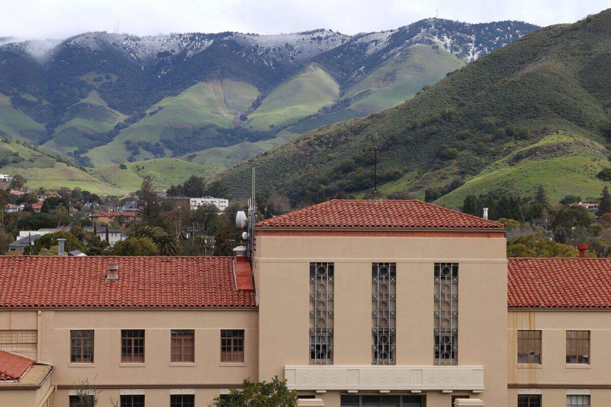 Snow on the Santa Lucia Range above the old San Luis Obispo County Courthouse on Feb. 25, 2023.