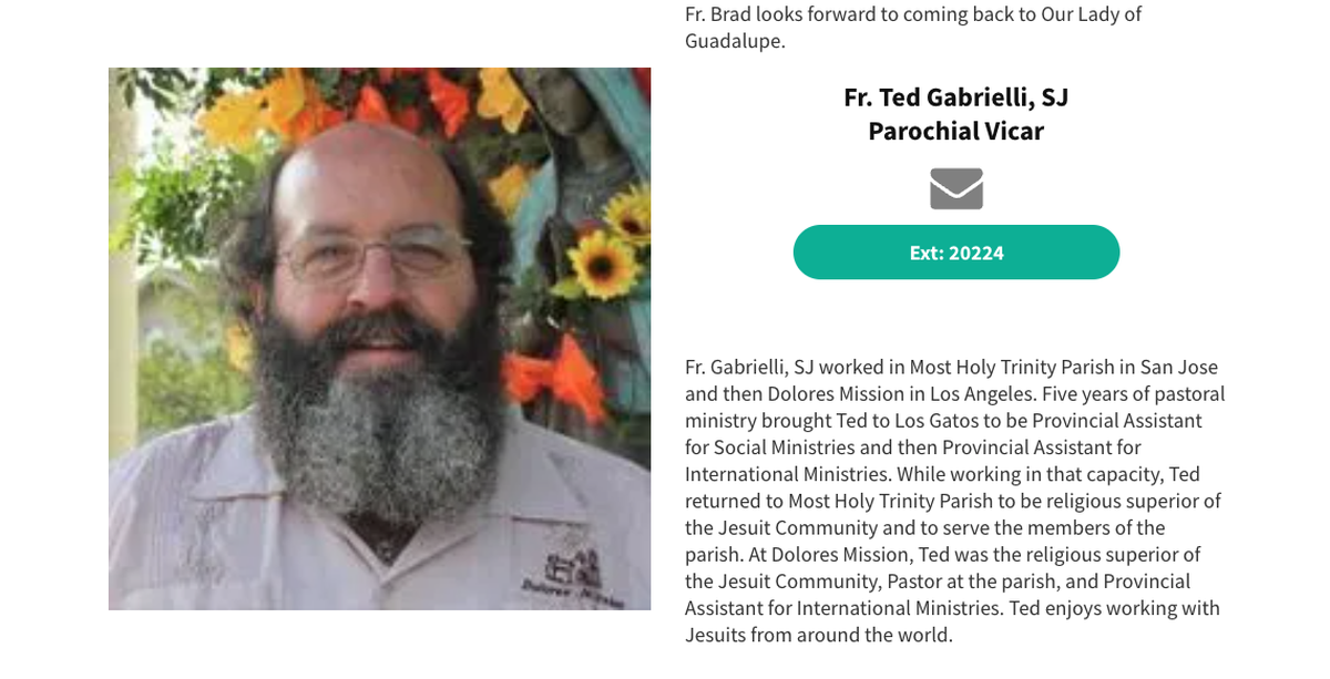A bio for the Rev. Theodore Gabrielli appears on the website of Our Lady of Guadalupe parish in San Diego. He was named an associated pastor at the church earlier this year, according to the website thesoutherncross.org. Gabrielli has been accused of sexually assaulting three children in San Luis Obispo County in the 1990s.