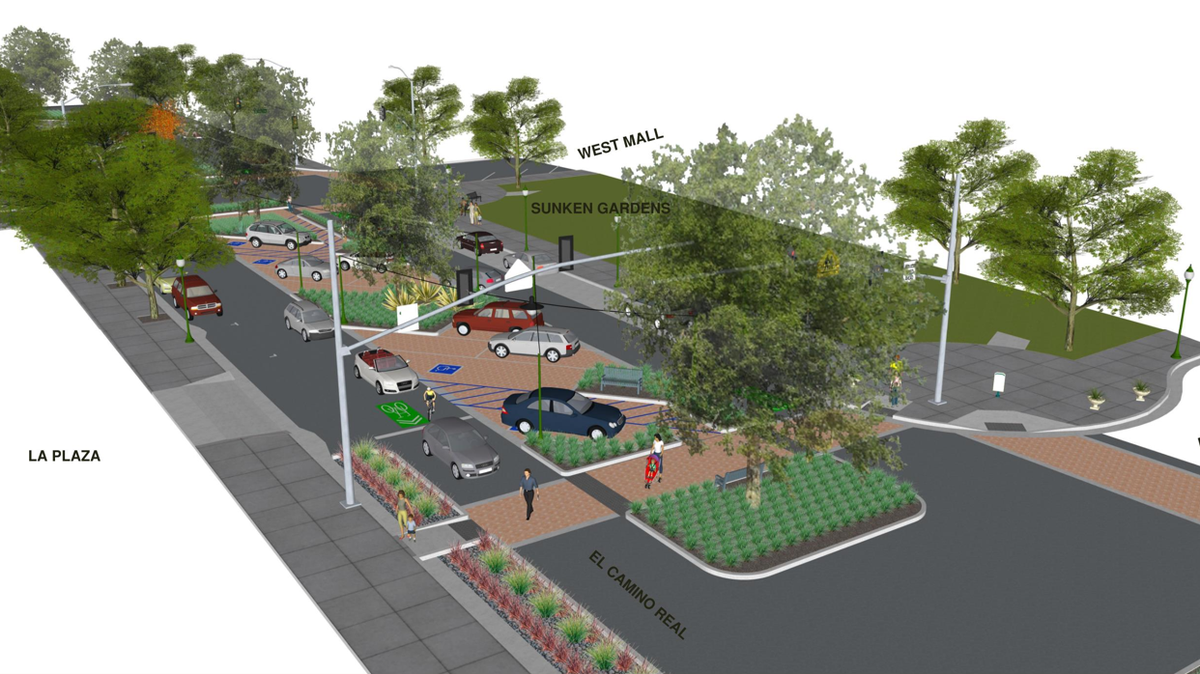 A rendering shows how El Camino Real will be reduced to two lanes of traffic with a median for angled parking and landscaping.