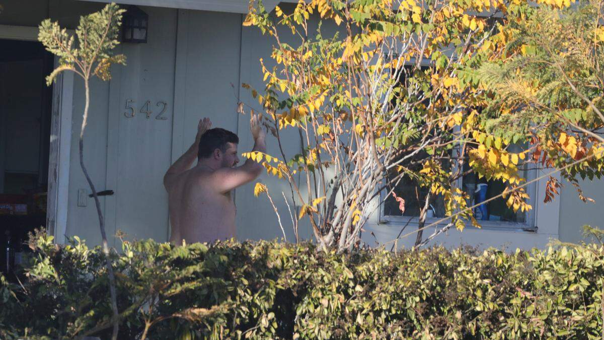 Kona Wilson, 37, was arrested by police on suspicion of domestic violence after a three-hour standoff at his house on South Street in San Luis Obispo on Nov. 3, 2023.