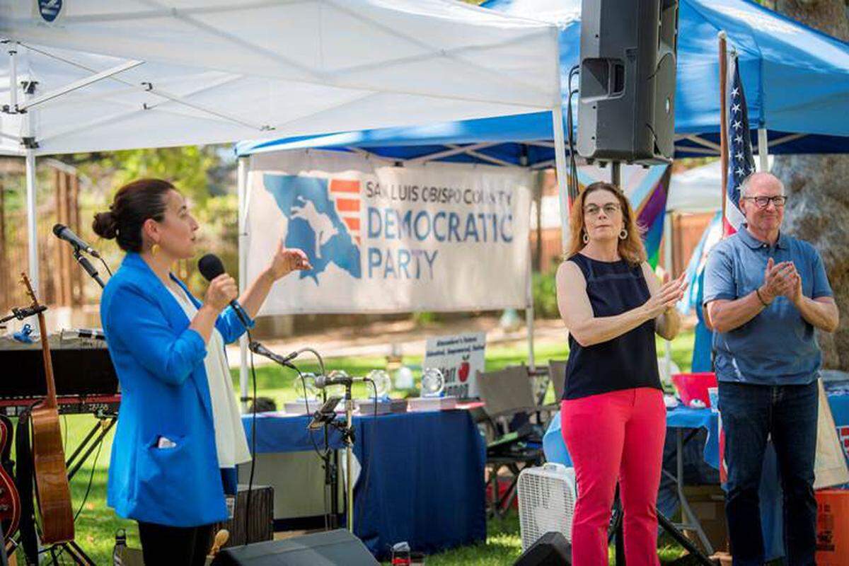 From left, State Sen. Monique Limon, Assemblymember Dawn Addis and Assemblymember Gregg Hart spoke at the San Luis Obispo County Democratic Party 2024 Labor Day BBQ at Atascacero Lake Park on Monday, Sept. 2, 2024.