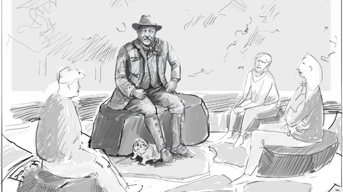 Arts Obispo, the San Luis Obispo County Arts Council, is proposing a public art project that would commemorate then-President Theodore Roosevelt’s visit to San Luis Obispo in 1903. Sculptor Paula Zima’s preliminary sketch shows Roosevelt seated on a boulder and dressed in casual clothing.