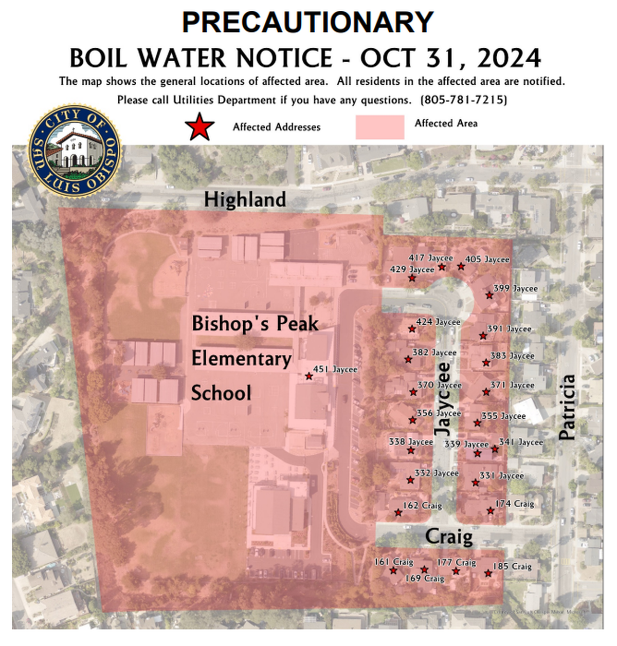 About 23 San Luis Obispo homes and Bishop Peak Elementary School received a notice to boil drinking water on Oct. 31, 2024.