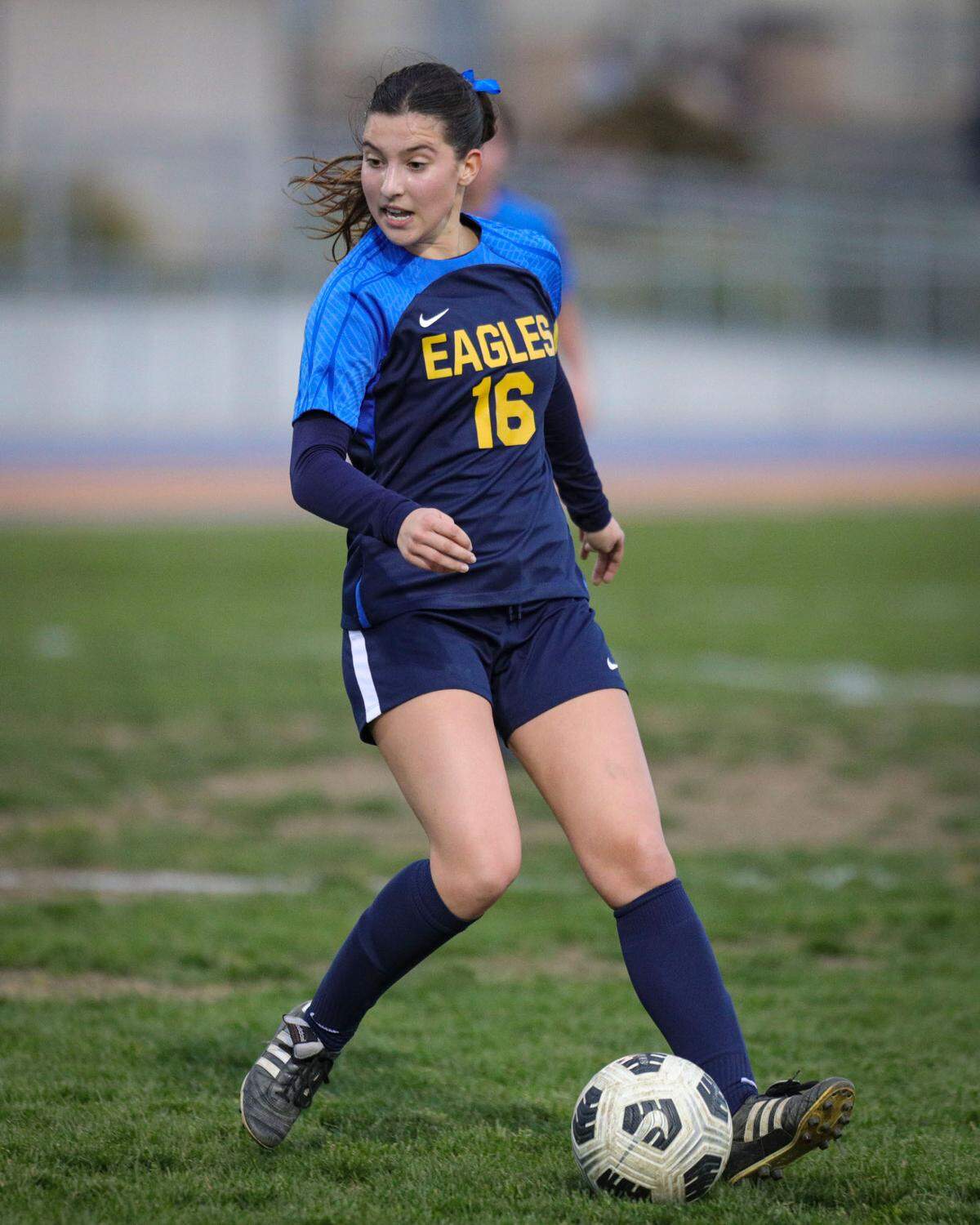 Kendall Merlo works through mid-field. Arroyo Grande girls won 2-0 over Estancia Feb 29, 2024 to advance to the 2024 CIF SoCal Division IV Girls Soccer Championship.