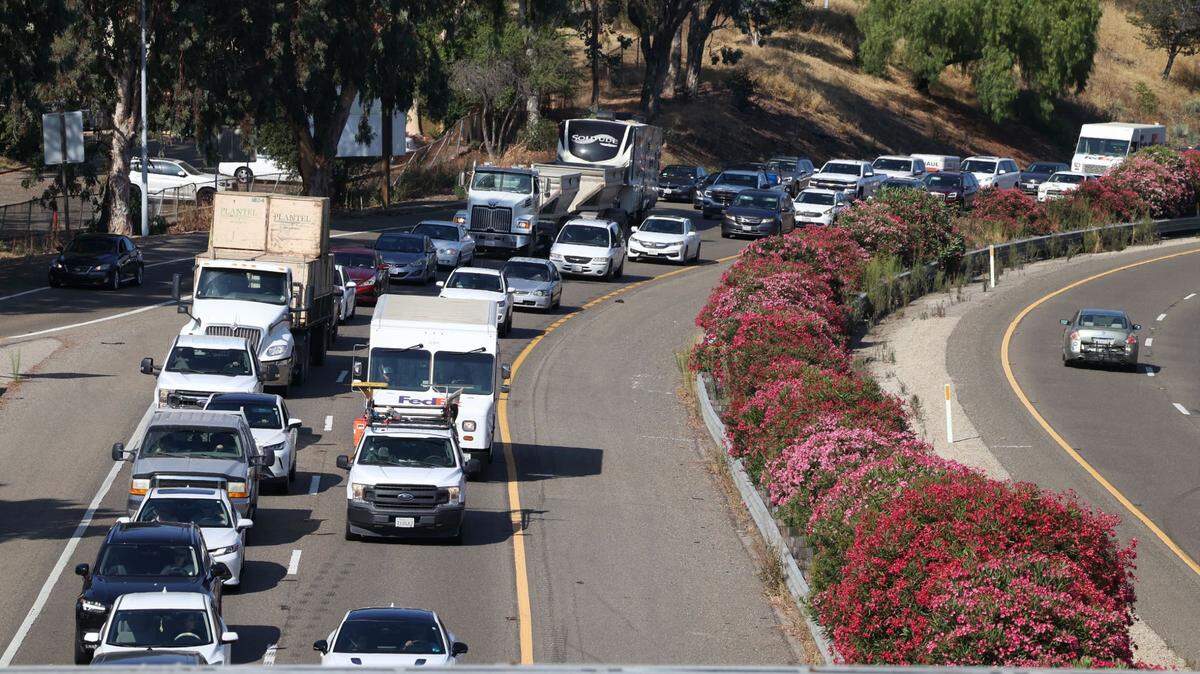 Traffic halted on southbound Highway 101 in San Luis Obispo after a truck crashed into the railroad bridge near Santa Rosa Street on Tuesday, Aug. 22, 2023.