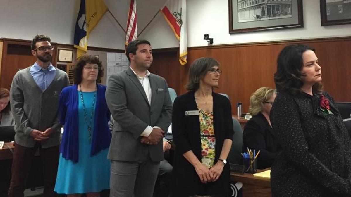 San Luis Obispo City Council members listen during Tuesday’s meeting.