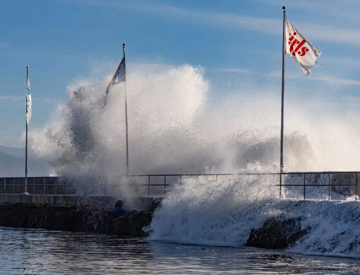 A large wave breaches the breakwater at the Santa Barbara Harbor on Thursday.