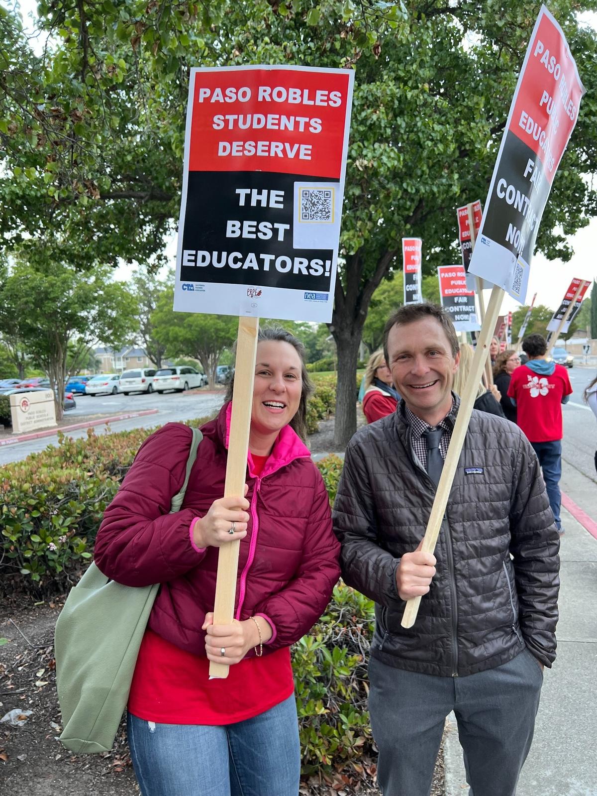 Paso Robles teachers picket along Niblick Road on Tuesday, May 7, 2024.