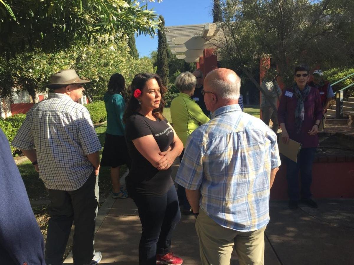 San Luis Obispo Mayor Heidi Harmon speaks with residents on one of her walking tours held to discuss issues facing the community.