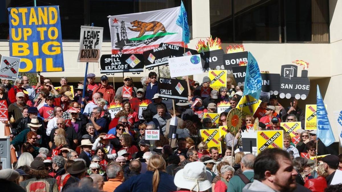 Oil train protesters demonstrate outside the County Government Center in San Luis Obispo on Feb. 4, 2016.