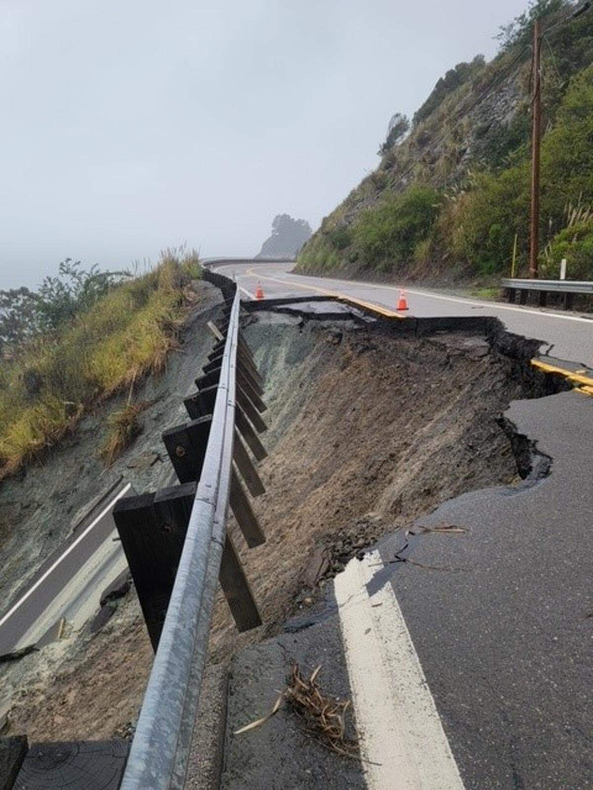 A chunk of Highway 1 has collapsed between the entrance to the Hermitage and the town of Lucia, about 22 miles north of the county line. It was one of several slides that will keep the scenic road closed indefinitely.