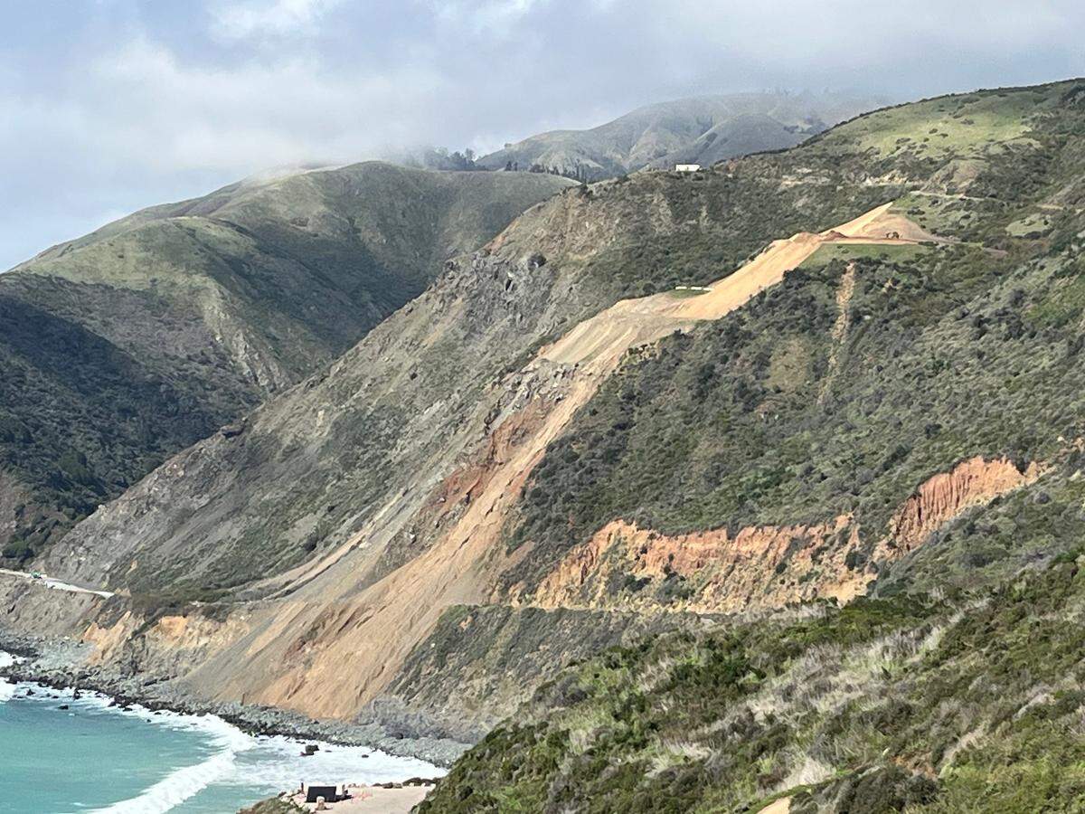 A massive landslide at the Regent’s Slide area of Highway 1 between Cambria and Carmel has kept the National Scenic Byway stretch closed to through traffic since February 2024. As of March 9, 2025, when this photo was taken, Caltrans wasn’t yet estimating a reopening date.