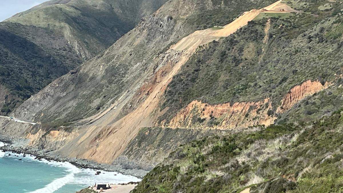 A massive landslide at the Regent’s Slide area of Highway 1 between Cambria and Carmel has kept the National Scenic Byway stretch closed to through traffic since February 2024. As of March 9, 2025, when this photo was taken, Caltrans wasn’t yet estimating a reopening date.