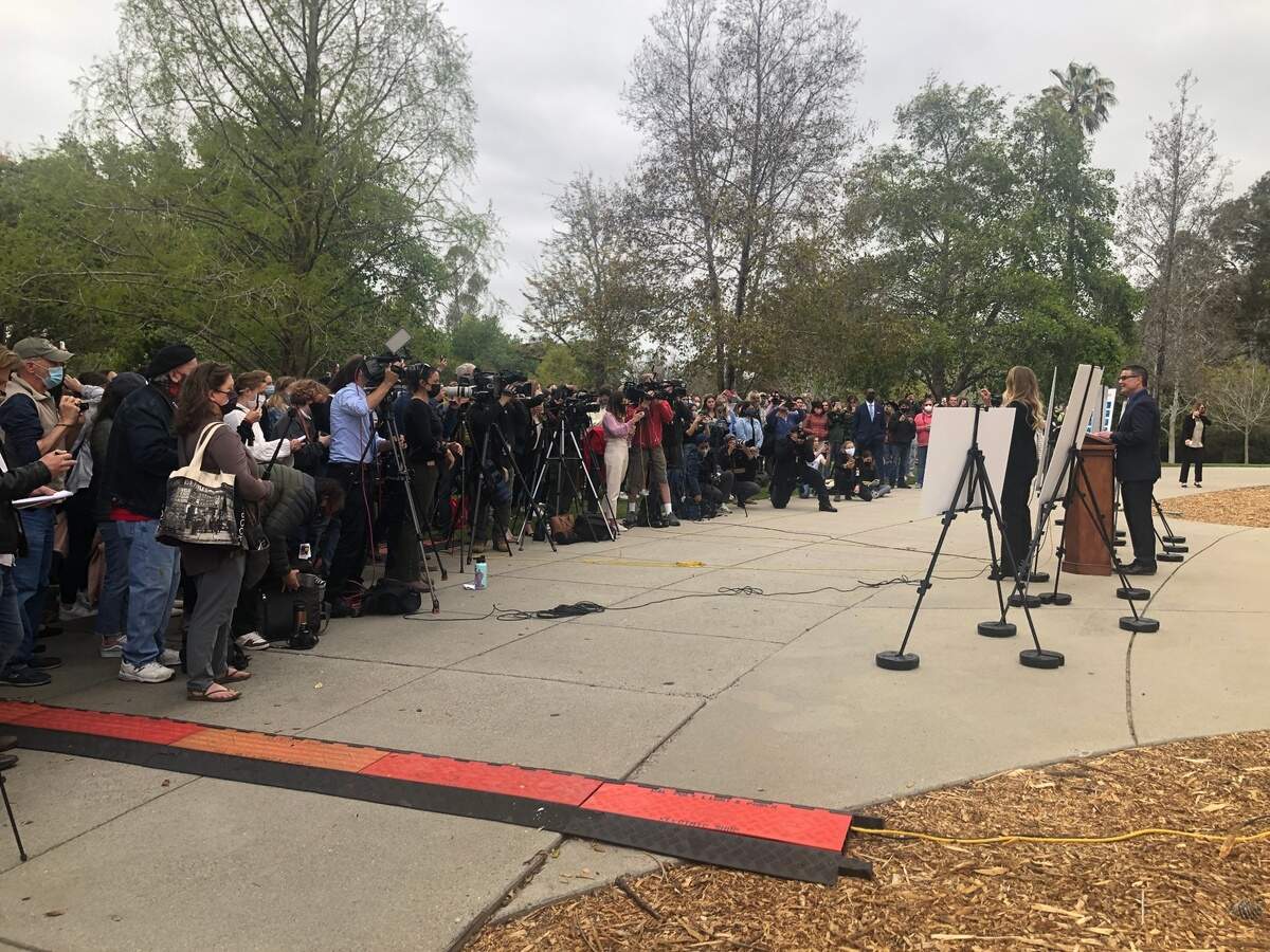 Members of the media gather for the news conference Tuesday, April 13, 2021, annoucing arrests in the Kristin Smart case.