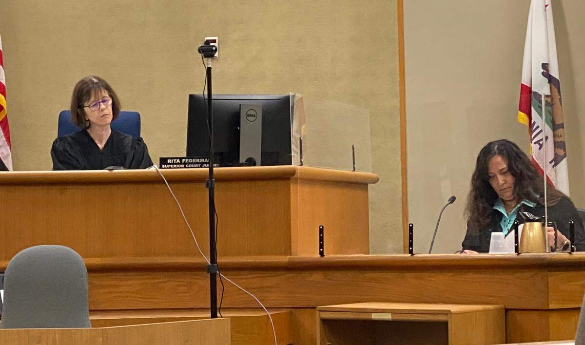 San Luis Obispo Superior Court Judge Rita Federman listens to San Luis Obispo County Clerk-Recorder Elaina Cano’s testimony on Dec. 19, 2023, in the dispute over unpaid costs relating to the District 2 supervisor ballot recount filed by Darcia Stebbens.