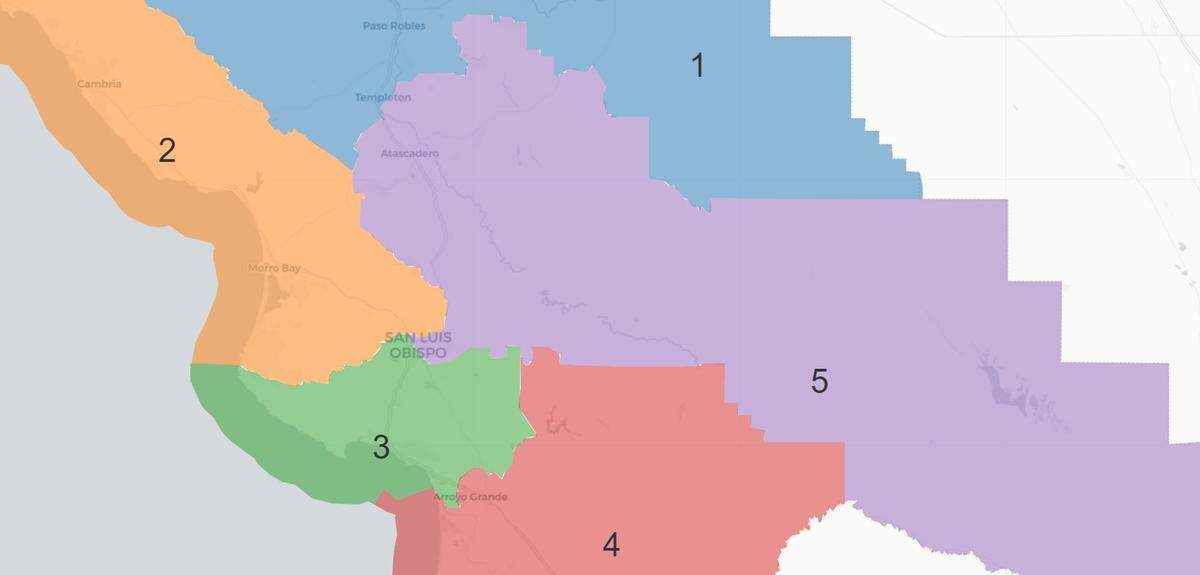 Plan B uses current San Luis Obispo County supervisorial districts as a framework, but it includes the entire Cal Poly campus in District 2. It also makes minor adjustments to accommodate updated Census block boundaries.