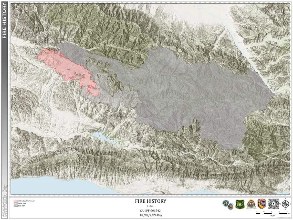 A fire history map from Unified Command shows the active Lake Fire perimeter in red, the 1993 Marre Fire in light gray and the large 2007 Zaca Fire in gray.
