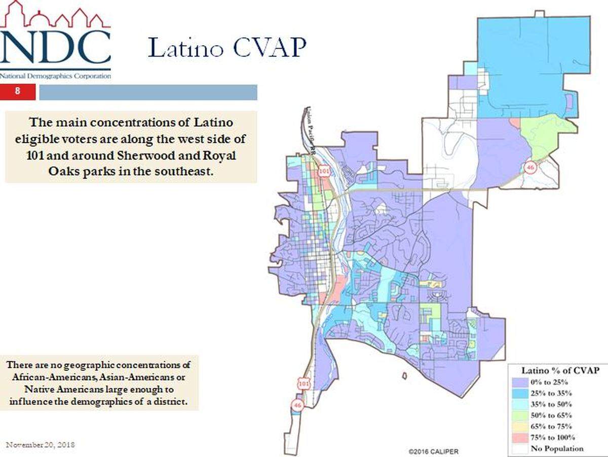 A map created by the National Demographics Corporation showing concentrations of eligible Latino voters in Paso Robles.