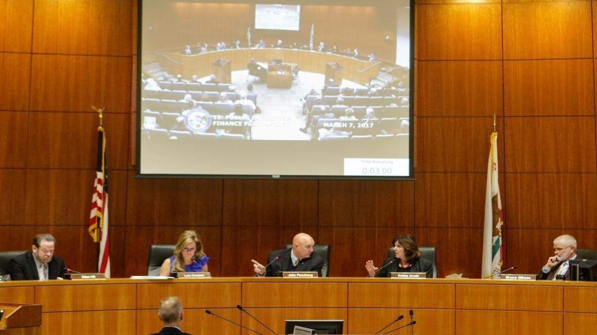 San Luis Obispo County Board of Supervisors, from left, Adam Hill, Lynn Compton, John Peschong, Debbie Arnold and Bruce Gibson meet March 7, 2017.