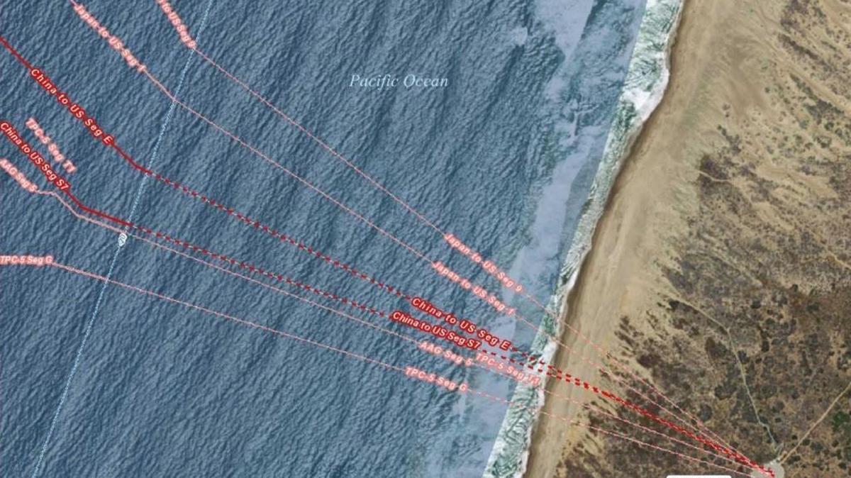 The dark red lines indicate the rough locations of the cable sections that are part of the China-U.S. Cable Network that may be pulled out in early 2018.