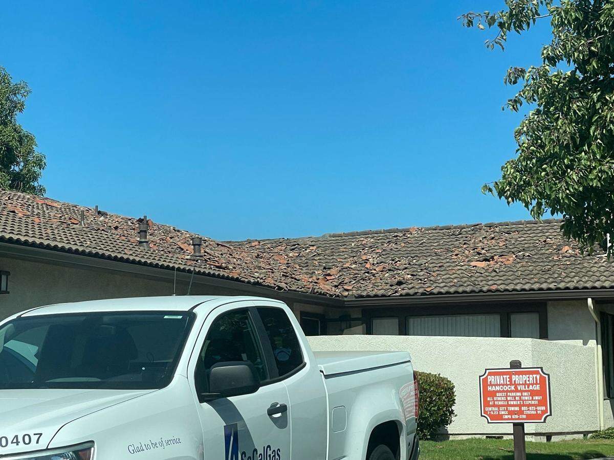 Shrapnel could be seen on a neighboring home following an explosion in a residential Santa Maria neighborhood on Aug. 23, 2023.