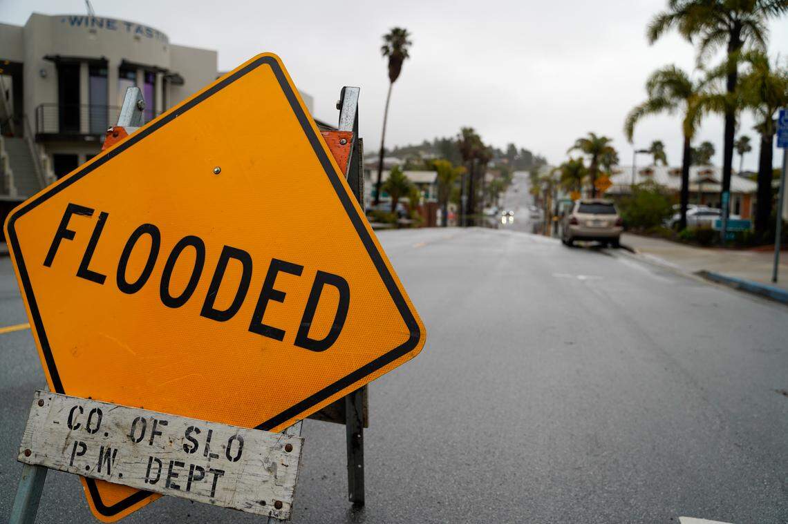 Front Street in Avila Beach was flooded during an atmospheric river storm on Feb. 13, 2025. 