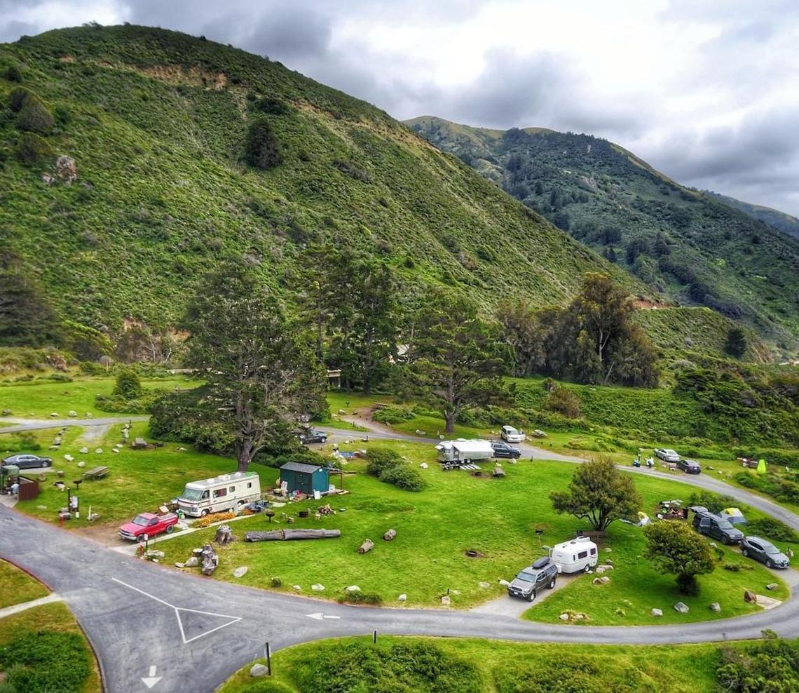 An overview of Kirk Creek Campground along Highway 1 on the Big Sur coast.