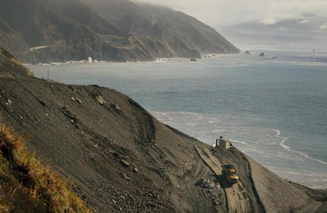 Crews work to rebuild a road over the Mud Creek Slide on Highway 1 along the Big Sur coast on Thursday, Jan. 4, 2018.