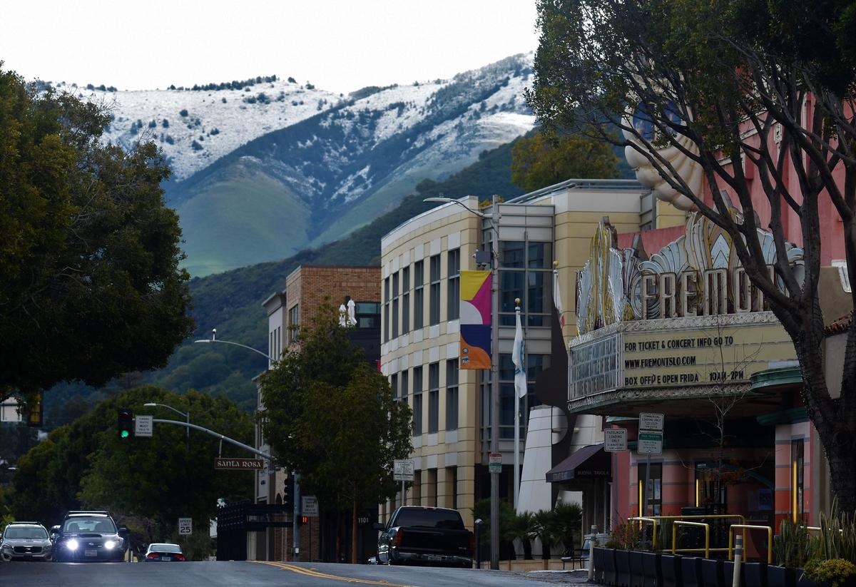 Snow can be seen on the mountains from downtown San Luis Obispo on Feb. 25, 2023.