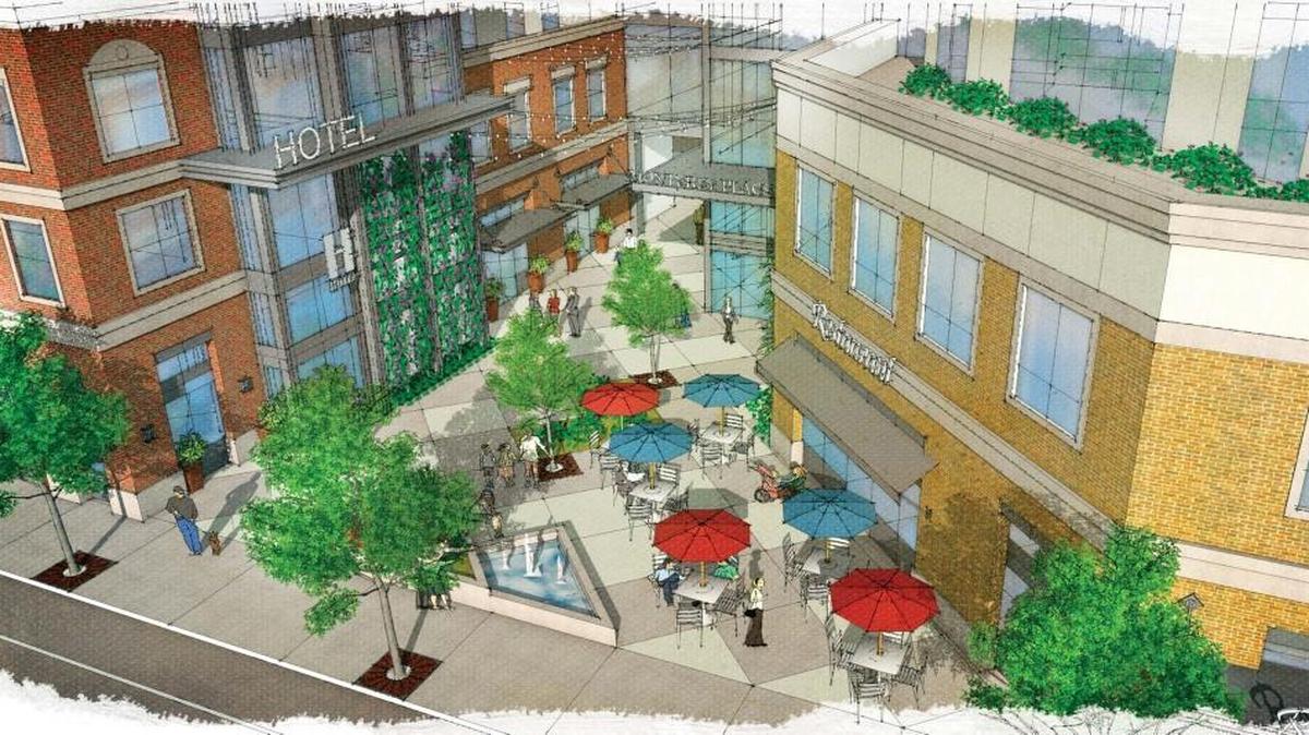 A birds-eye view of a new mixed-use project proposed at Santa Rosa and Monterey streets in San Luis Obispo. Pictured is the proposed paseo, which provides a common public space and pedestrian corridor that is a central component of the project.
