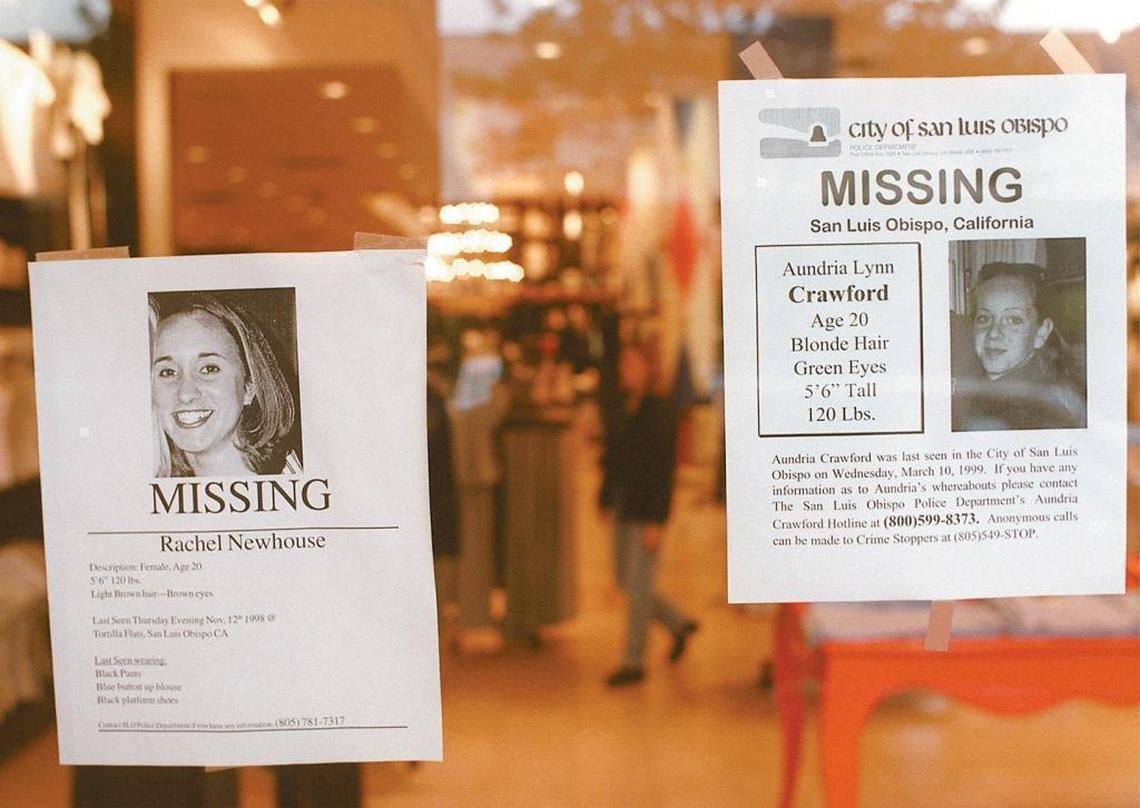 Missing posters for Rachel Newhouse and Aundria Crawford are posted on the window of the Express store in San Luis Obispo on March 15, 1999. Newhouse was declared missing Nov. 12, 1998, while Crawford was reported missing March 11, 1999.