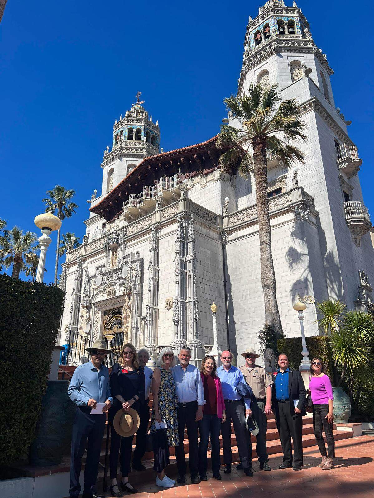 State Sen. John Laird and Supervisor Bruce Gibson were among those getting a sneak peek May 6 at the not-quite-yet reopened Hearst Castle and the new tour featuring the monument’s architect/designer Julia Morgan. Attendees are, from left: Daniel de La Rosa of the San Simeon Community Services District and North Coast Advisory Council; Kara Woodruff of Laird’s staff; John Carsel, president of the Cayucos Advisory Council; Cherie Gibson; Bruce Gibson; Dawn Addis of the Morro Bay City Council; Laird; Dan Falat, superintendent of the state park district that includes the Castle; Clint Weirick. another Laird staffer; and Castle Museum Director Cara O’Brien.