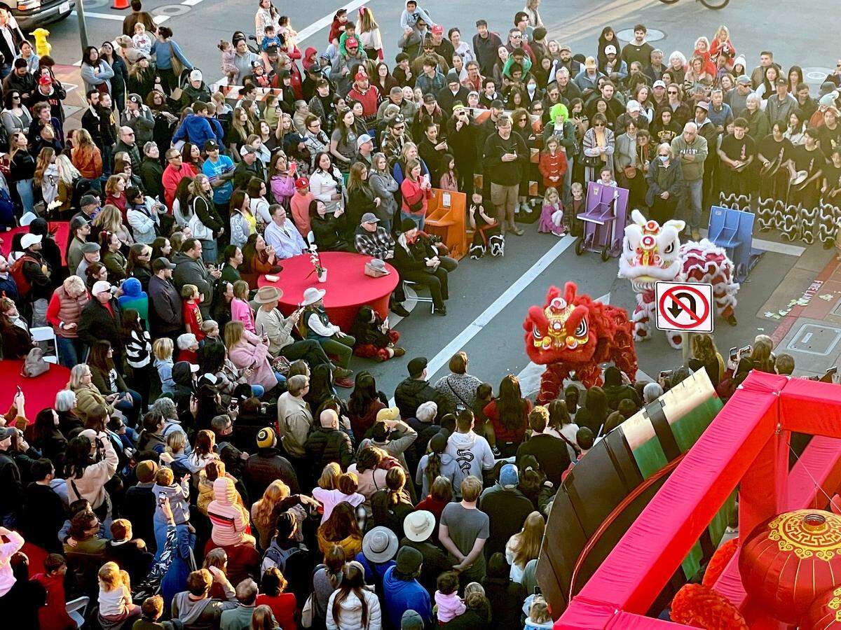 The Cal Poly Lion Dance Team performed during a Lunar New Year block party in downtown San Luis Obispo on Feb. 10, 2024. 