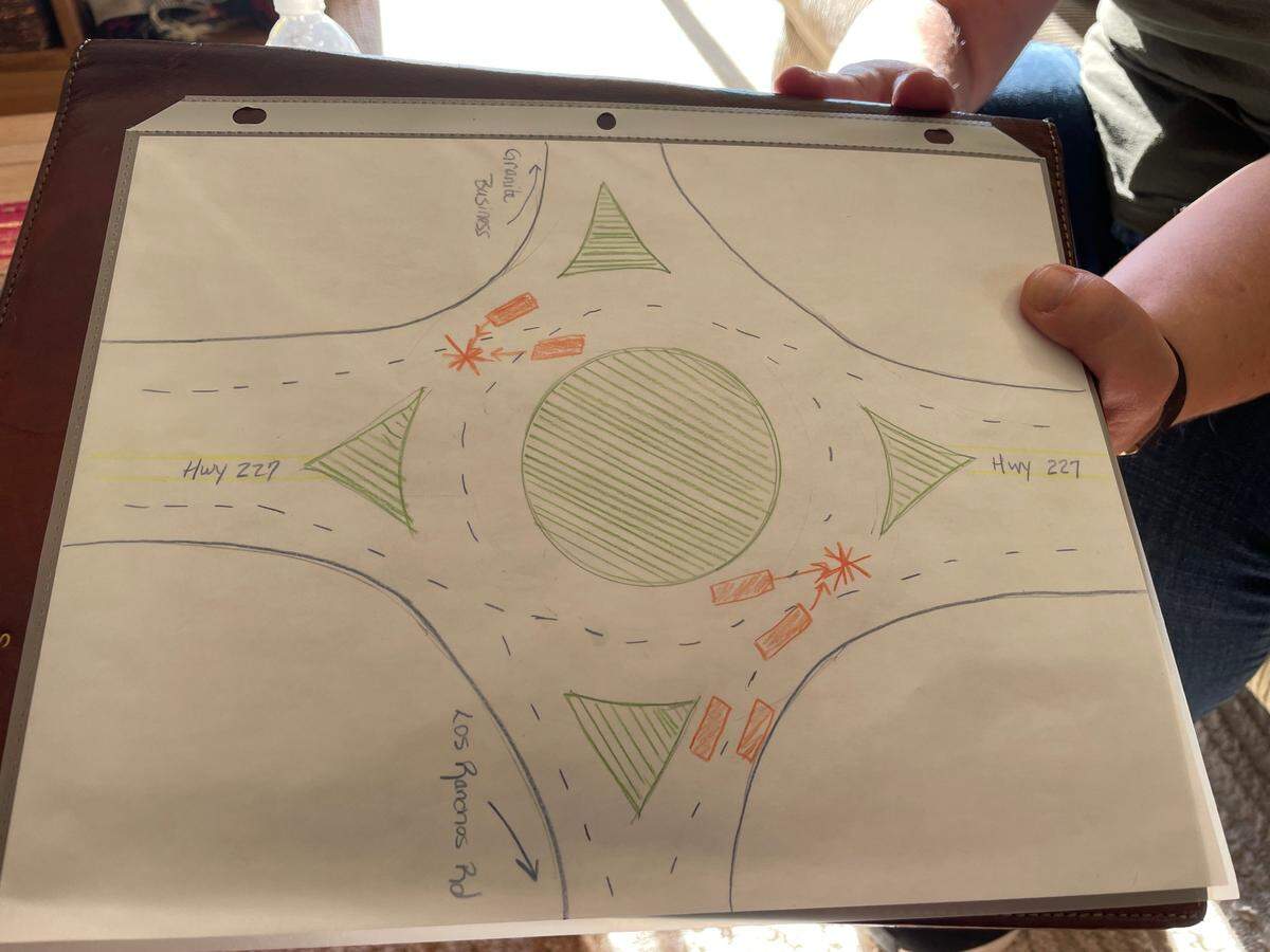 A handdrawn rendering by SLO resident Susan Hack shows how collisions might occur if a roundabout is added at Highway 227 and Los Ranchos Road.