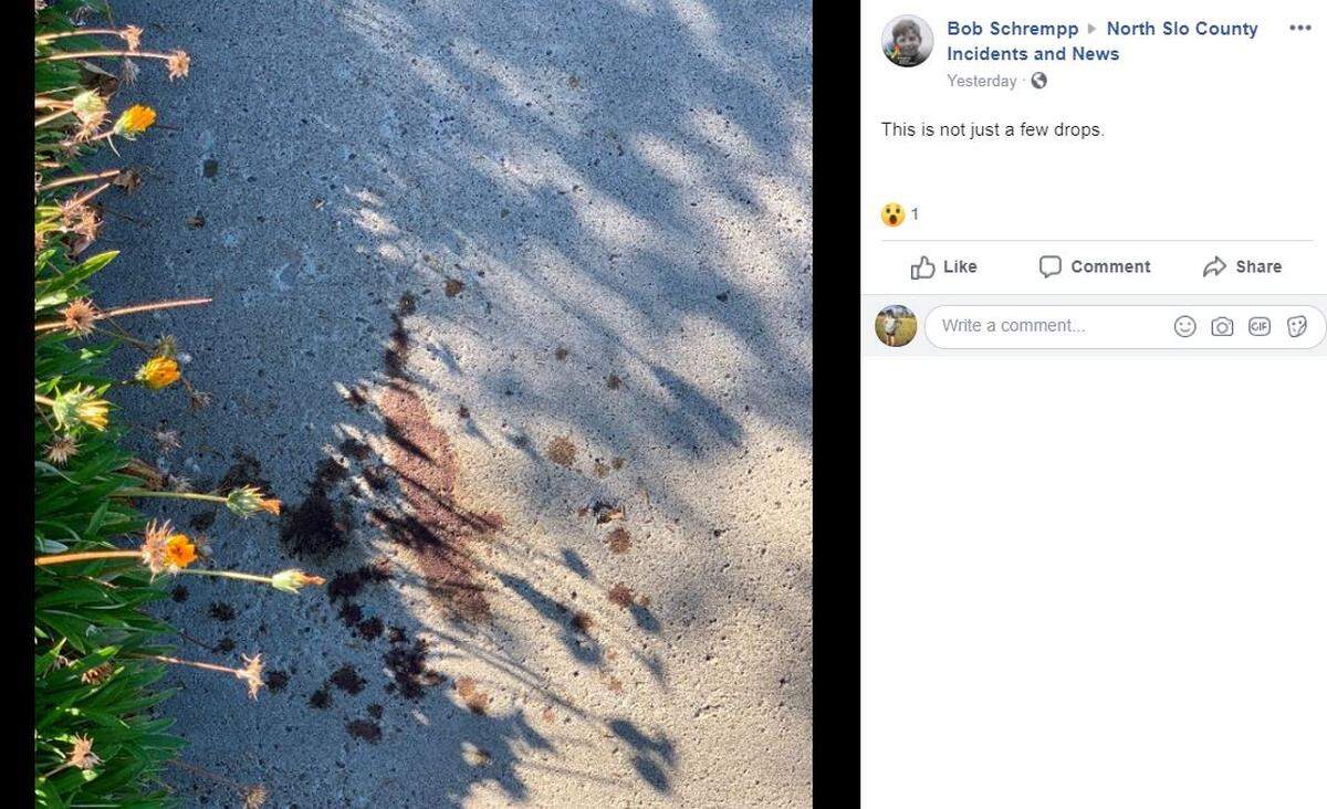 Blood stains from an injured person remain on an Atascadero sidewalk along El Camino Real.
