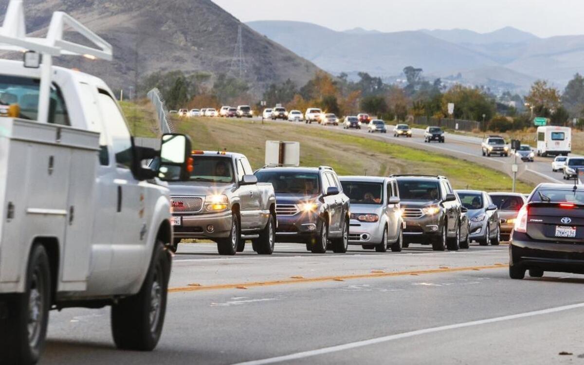 Southbound traffic crawls along Hwy. 227 near the San Luis Obispo County Regional Airport at rush hour.