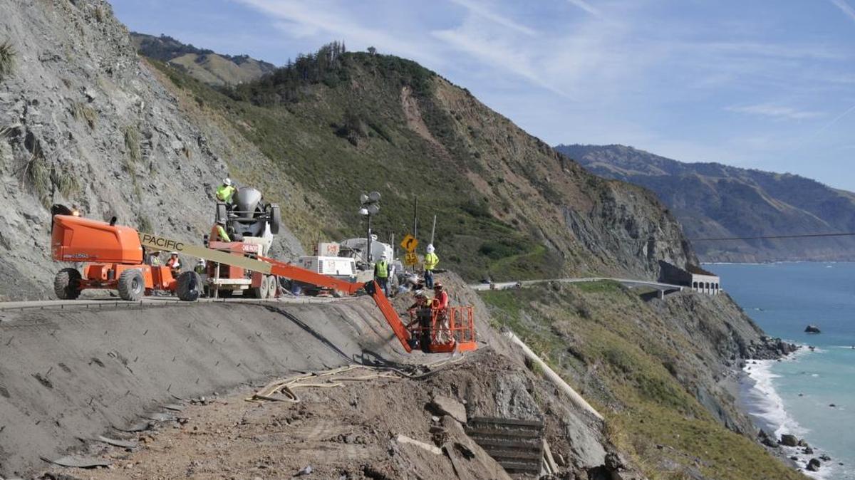 Caltrans crews work at the Paul’s Slide site on Highway 1 earlier this year.