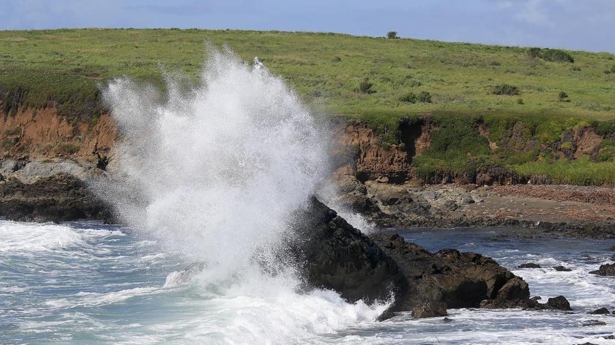 Aftermath of the overnight storm in San Luis Obispo County. Large waves pummel the rocks near Fiscalini Ranch Preserve in Cambria on Sunday.