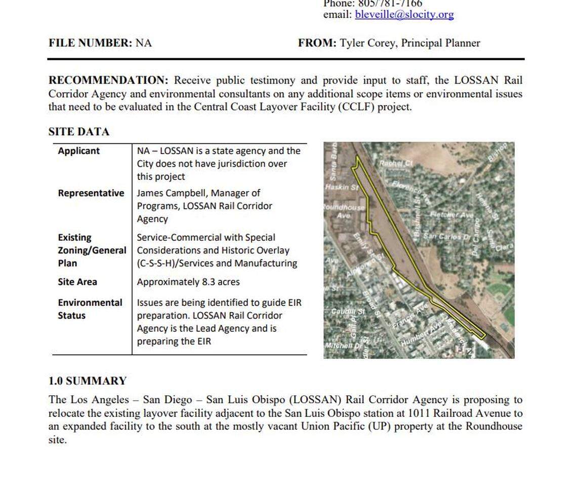 A city staff report shows the area of a proposed railroad yard project in SLO. The project is under proposal with the Los Angeles – San Diego – San Luis Obispo (LOSSAN) Rail Corridor Agency, a state organization.