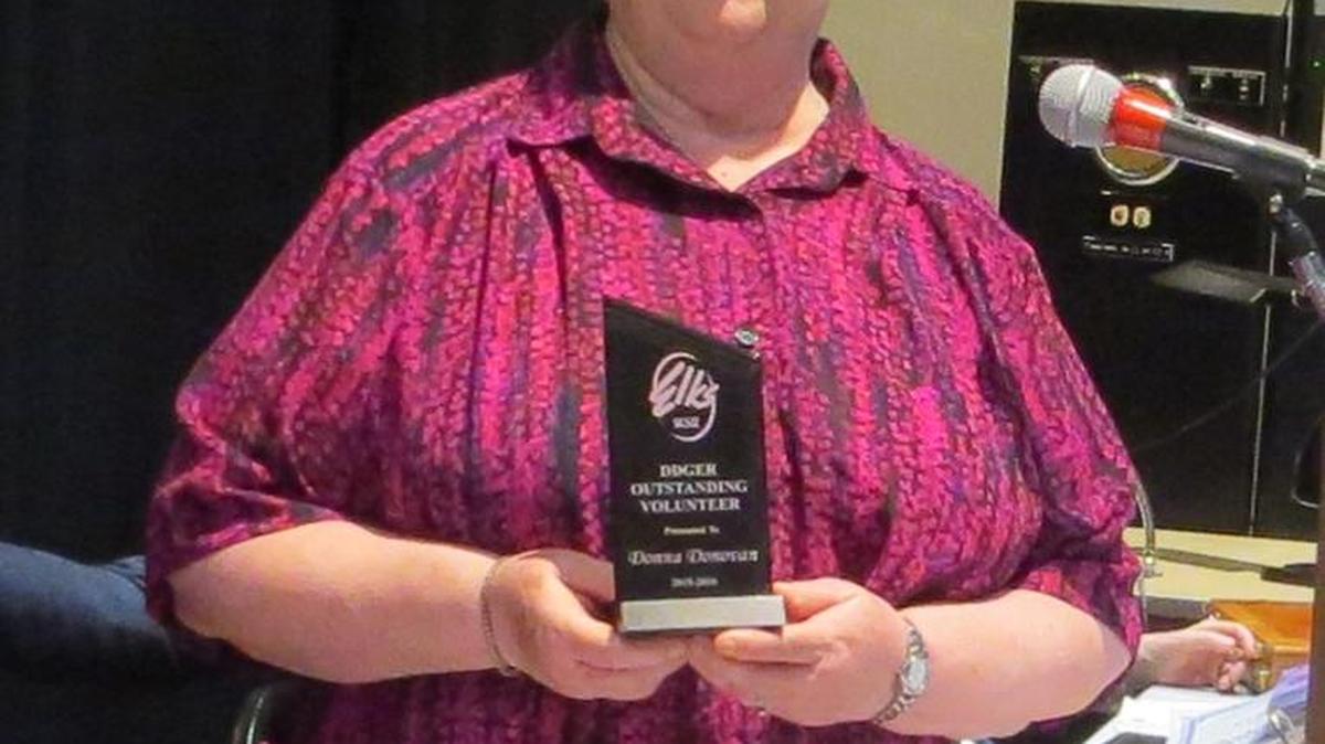 Donna Donovan, San Luis Obispo Elks Lodge veterans service chairwoman, was recently honored by the Elks with the DDGER (District Deputy Grand Exalted Ruler ) Outstanding Volunteer Award for 2015-16.