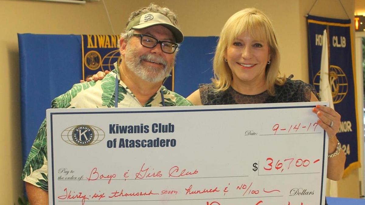 The Atascadero Kiwanis Club recently donated $36,700 to the Boys and Girls Club of northern San Luis Obispo County. This marks the third payment — now totaling more than $100,000 — to the organization that provides after-school and summer programs for children. The Kiwanis donation is being matched by must!charities. Funds were earned from the Kiwanis Mayors’ Winemaker Dinners over the past three years. Kiwanis President Dennis Schmidt, left, is pictured with Kate Morgans, executive director of Boys and Girls Club of North County.