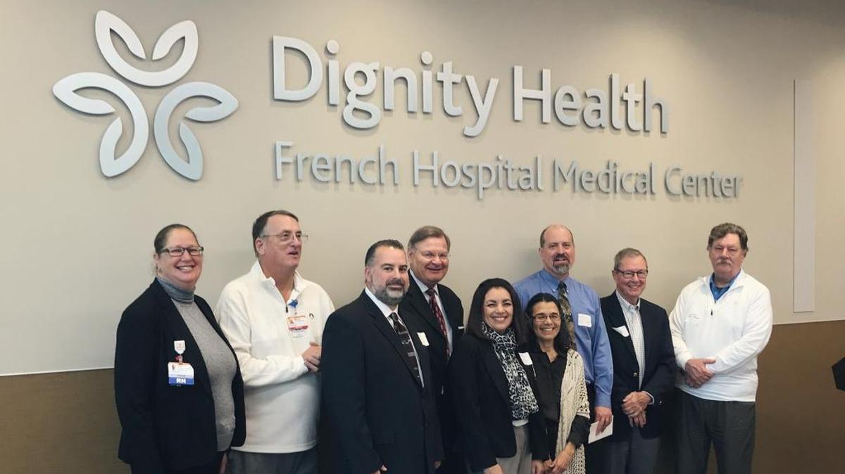 Among those taking part in a program to expand health-care access in North SLO County: French Hospital Medical Center Community Board members John Dunn, Father Russell Brown, Leo Selker Ph.D., Patricia Gomez, Dr. Michael Clayton, and CNE/COO of FHMC Julia Fogelson.